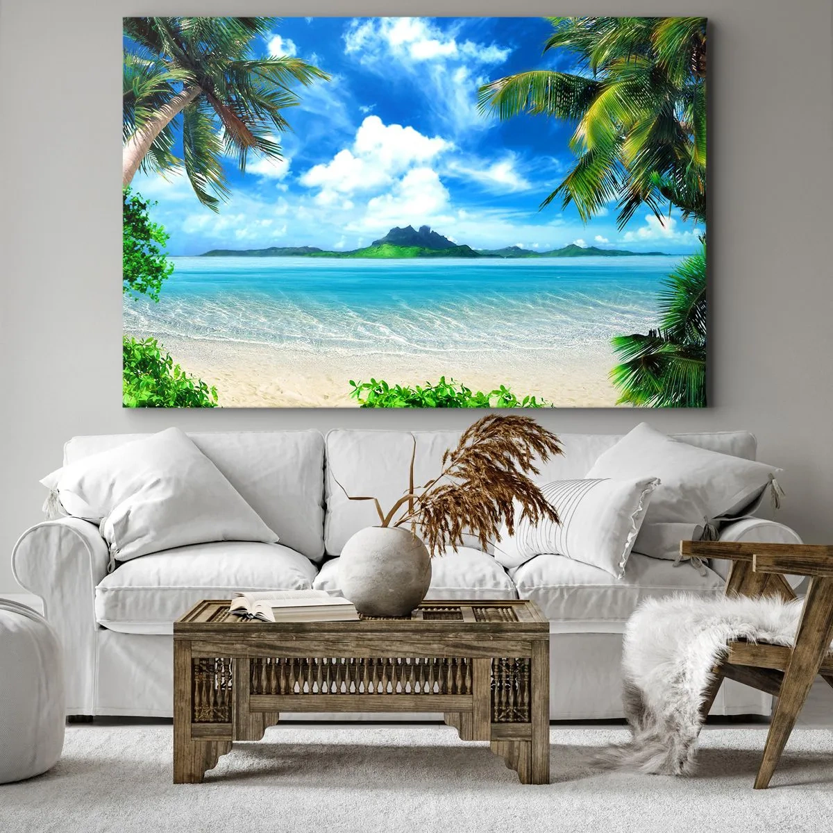 Impression sur toile - Image sur toile - Plage tropicale avec palmiers et vue sur l'île - 70x50cm - L'azur des tropiques - Décoration murale moderne pour le salon et la chambre ARTTOR