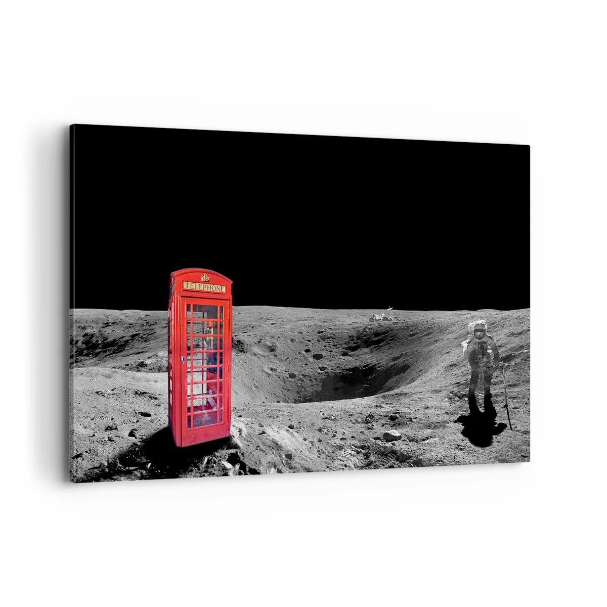 Impression sur toile - Image sur toile - Cabine téléphonique rouge sur la lune - 120x80cm - Une blague cosmique - Décoration murale moderne pour le salon et la chambre ARTTOR