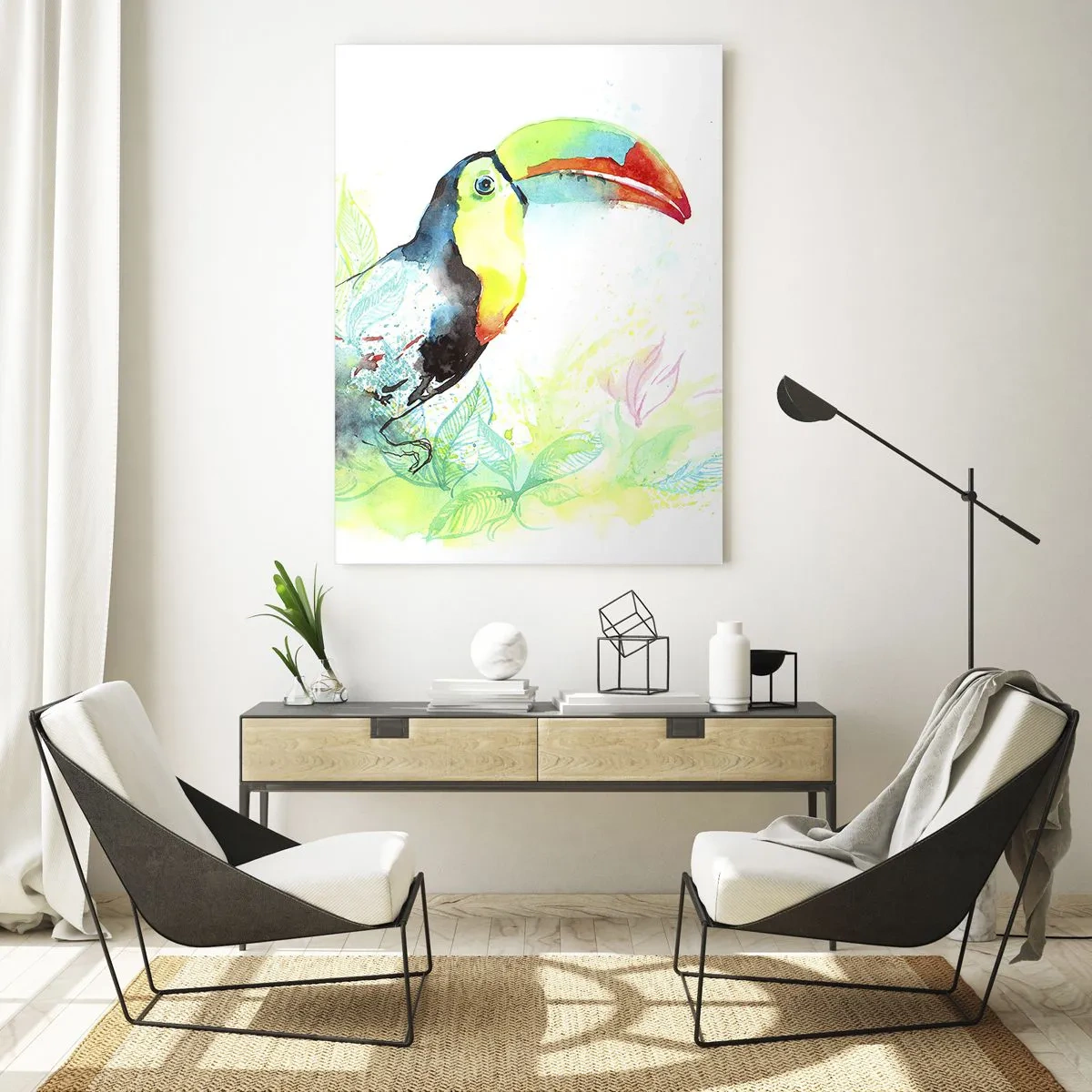 Impression sur verre - Image sur verre - Illustration à l'aquarelle d'un toucan sur fond tropical - 80x120cm - Aussi coloré que l'Amérique du Sud - Décoration murale moderne pour le salon et la chambre ARTTOR