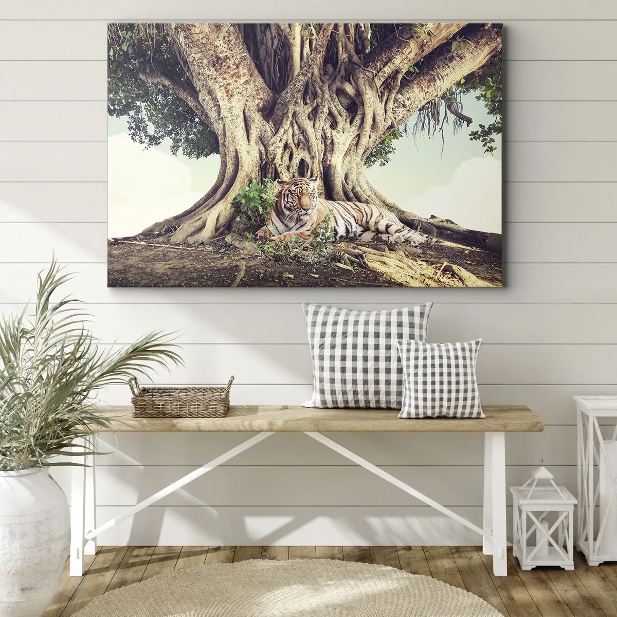 Impression sur toile - Image sur toile - Un tigre se reposant sous un arbre étendu - 120x80cm - Vue du Livre de la Genèse - Décoration murale moderne pour le salon et la chambre ARTTOR