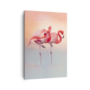 Impression sur toile - Image sur toile - Flamants roses aux couleurs pastel délicates sur fond d'eau - 70x100cm - Dans les couleurs du soleil couchant - Décoration murale moderne pour le salon et la chambre ARTTOR