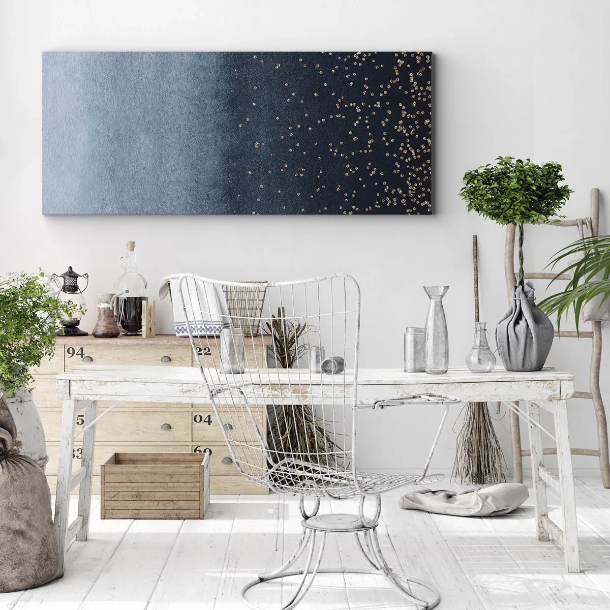 Impression sur toile - Image sur toile - Dégradés bleus avec de subtils accents dorés - 160x50cm - Composition - phases bleues - Décoration murale moderne pour le salon et la chambre ARTTOR