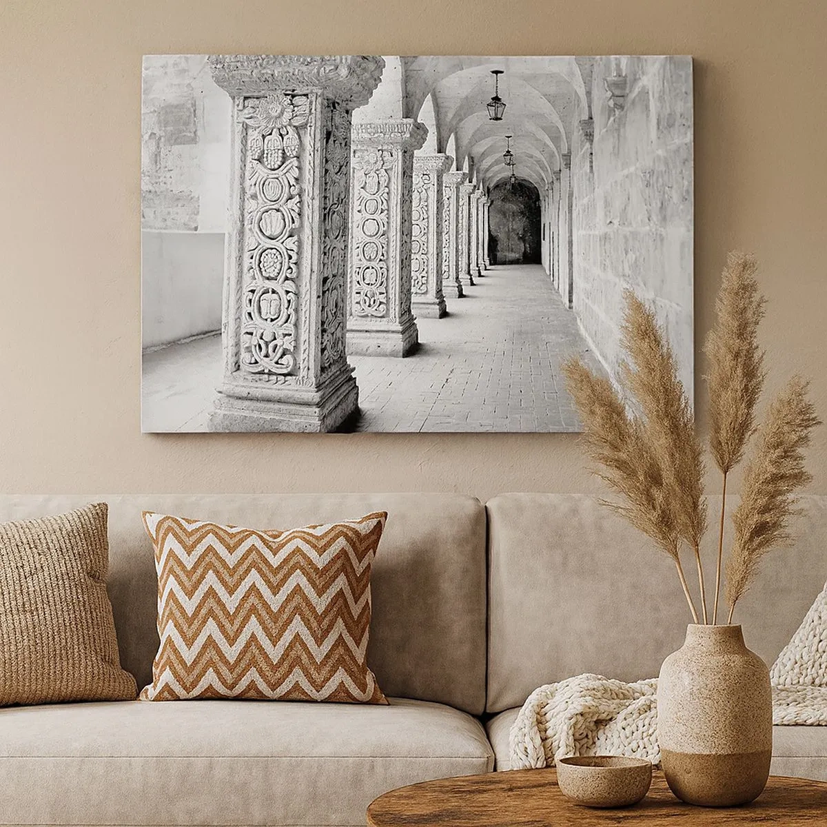 Impression sur toile - Image sur toile - Colonnes historiques dans une prise de vue monochrome - 70x50cm - Où cela mène-t-il…? - Décoration murale moderne pour le salon et la chambre ARTTOR