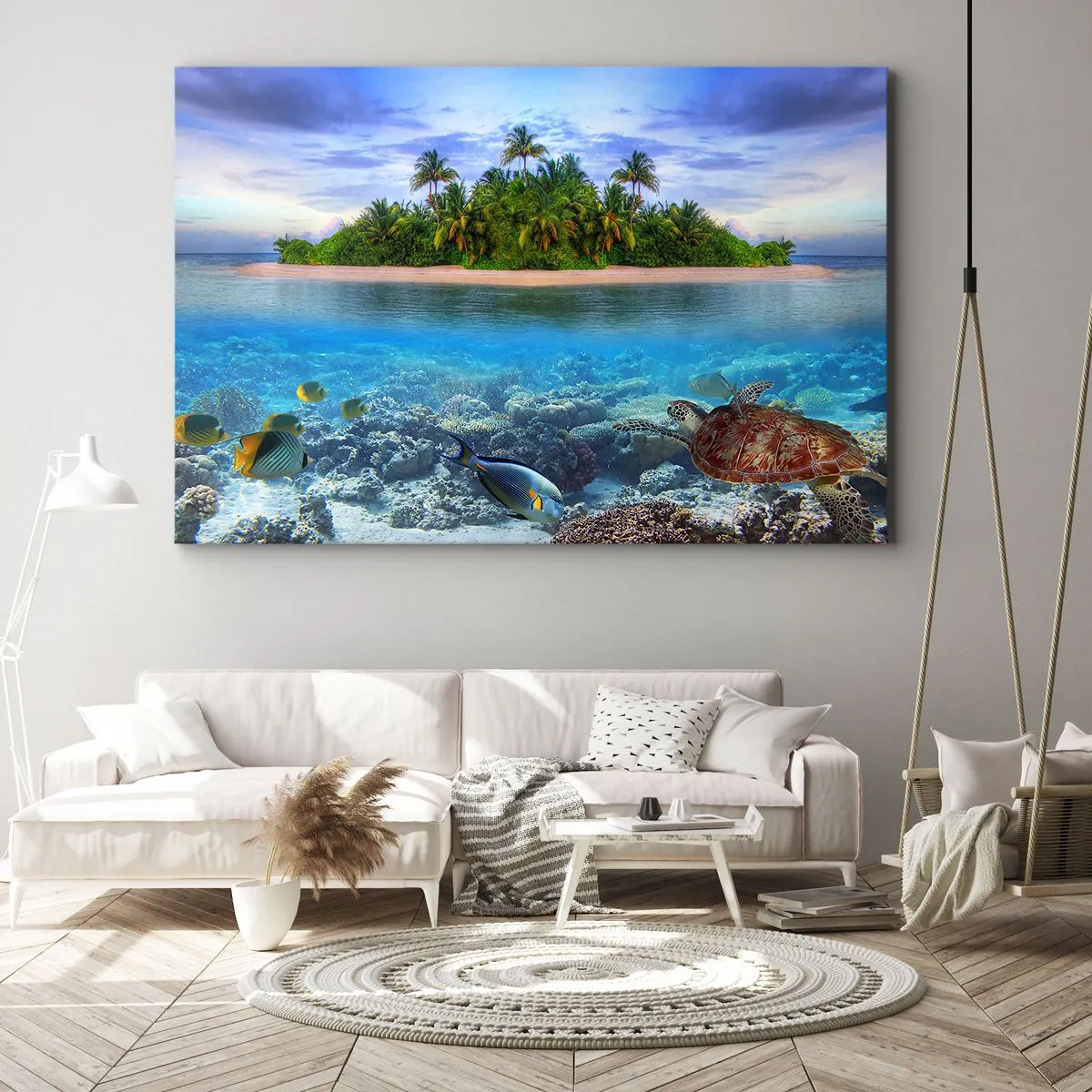Impression sur toile - Image sur toile - Une île tropicale entourée d'un océan turquoise avec un récif de corail et des poissons. - 120x80cm - L'île céleste vous invite - Décoration murale moderne pour le salon et la chambre ARTTOR