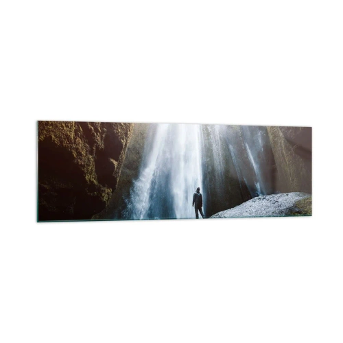 Impression sur verre - Image sur verre - Une silhouette sur fond de cascade majestueuse dans une gorge rocheuse - 160x50cm - Restauration des proportions - Décoration murale moderne pour le salon et la chambre ARTTOR
