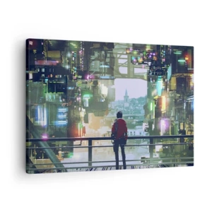 Impression sur toile - Image sur toile - Une silhouette dans une ville futuriste avec des néons - 70x50cm - Deux mondes - Décoration murale moderne pour le salon et la chambre ARTTOR