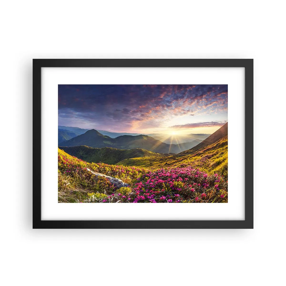 Affiche dans un cadre noir - Poster - Fraîcheur matinale en montagne - 40x30 cm