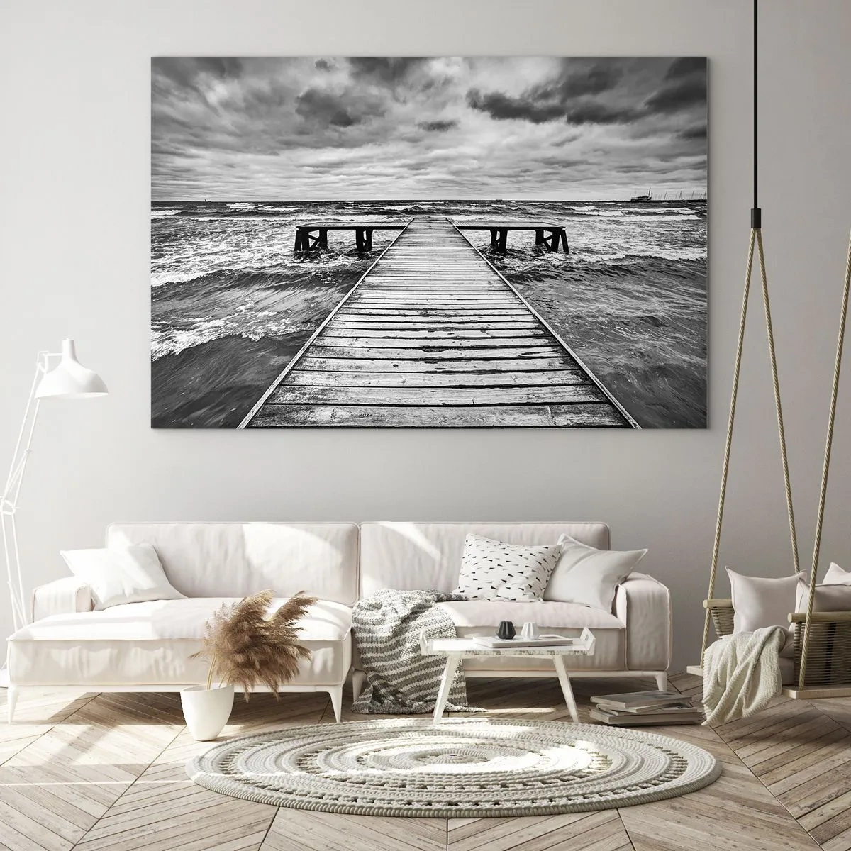 Impression sur verre - Image sur verre - Une jetée noire et blanche au milieu de vagues agitées - 70x50cm - J'attends que le vent, ça le chassera... - Décoration murale moderne pour le salon et la chambre ARTTOR
