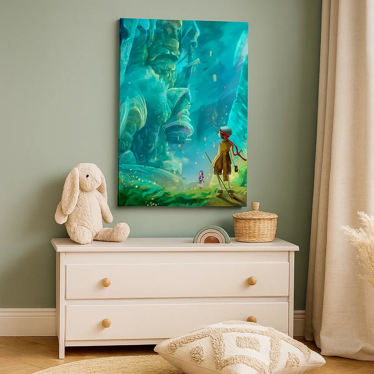 Impression sur toile - Image sur toile - Forêt magique avec un personnage d'explorateur - 50x70cm - Du grand livre des contes de fées - Décoration murale moderne pour le salon et la chambre ARTTOR