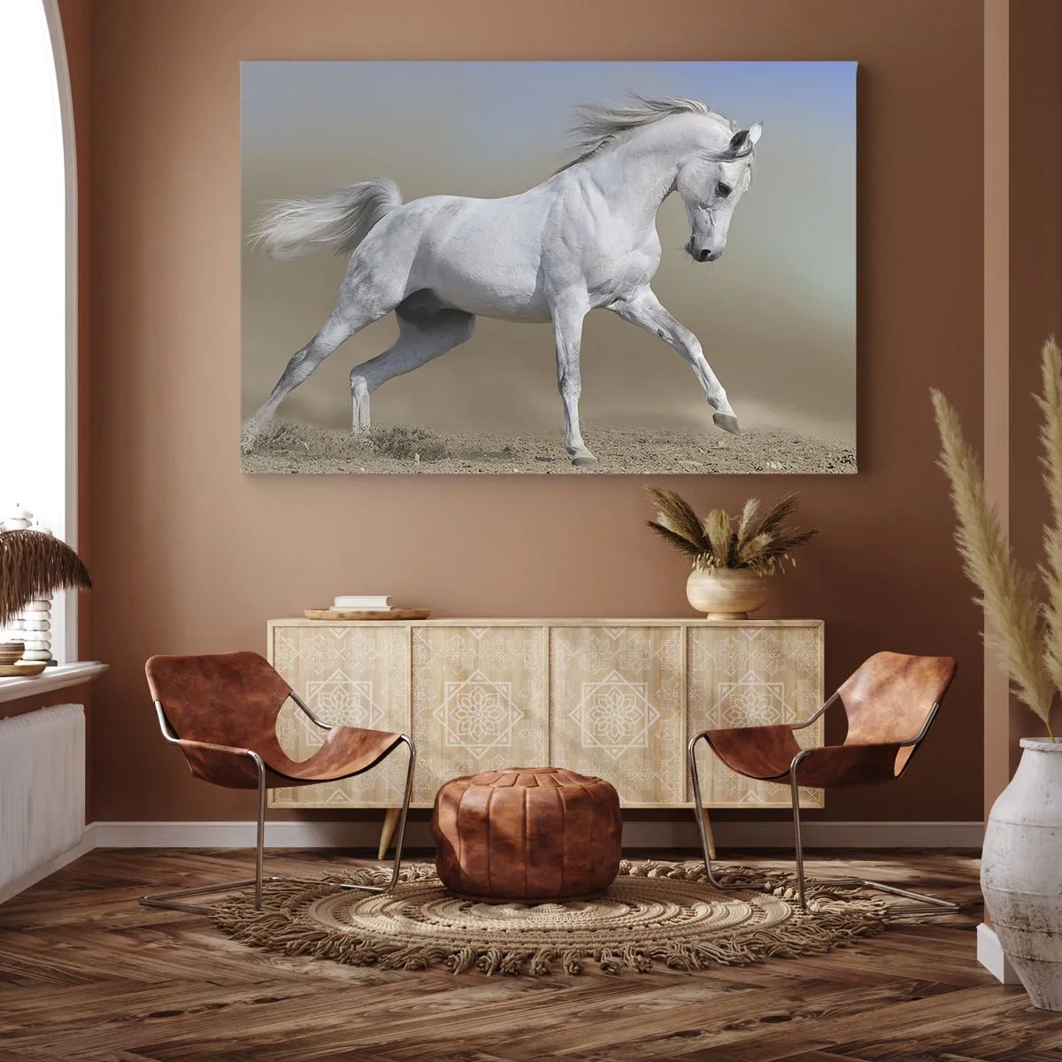 Impression sur toile - Image sur toile - Un cheval blanc galopant à travers un paysage désertique - 70x50cm - Le plus beau conte de fées arabe - Décoration murale moderne pour le salon et la chambre ARTTOR