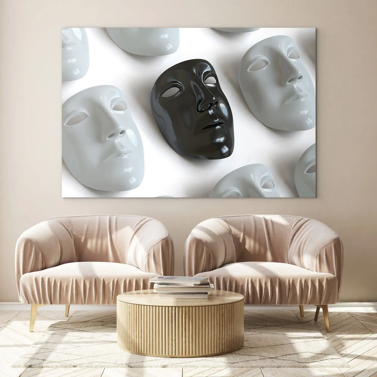 Impression sur verre - Image sur verre - Un masque noir et blanc sur un fond de masques blancs sur fond clair - 70x50cm - Comment se démarquer ? - Décoration murale moderne pour le salon et la chambre ARTTOR