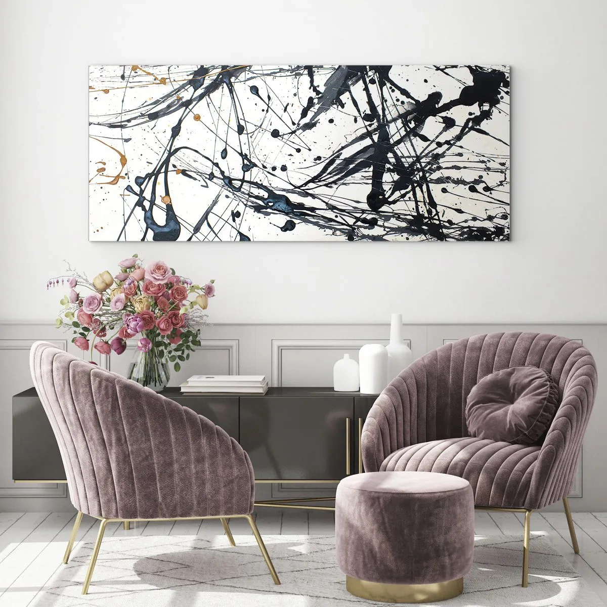 Impression sur verre - Image sur verre - Une peinture abstraite avec des éclaboussures de peinture dans des motifs dynamiques. - 120x50cm - Abstraction expressionniste - Décoration murale moderne pour le salon et la chambre ARTTOR