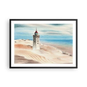 Affiche dans un cadre noir - Poster - Un phare entouré de dunes de sable et d'un ciel bleu - 70x50cm - Toujours regarder la mer - Décoration murale moderne pour le salon et la chambre ARTTOR