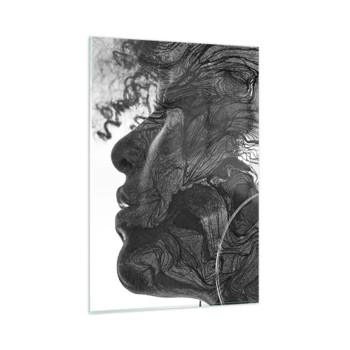 Impression sur verre - Image sur verre - Visage abstrait en noir et blanc avec des lignes dynamiques. - 80x120cm - Emmêlé dans les rêves - Décoration murale moderne pour le salon et la chambre ARTTOR