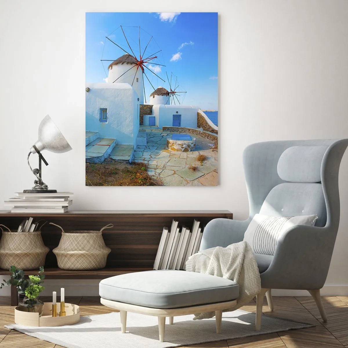 Impression sur verre - Image sur verre - Moulins à vent sur la côte égéenne - 50x70cm - Le vent bleu de la mer - Décoration murale moderne pour le salon et la chambre ARTTOR