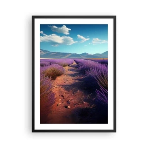 Affiche dans un cadre noir - Poster - Un champ de lavande au coucher du soleil avec un paysage de montagne en arrière-plan - 50x70cm - Champs parfumés - Décoration murale moderne pour le salon et la chambre ARTTOR