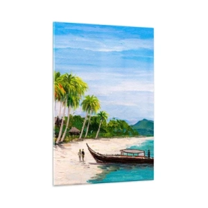 Impression sur verre - Image sur verre - Une plage exotique avec des palmiers et un bateau sur le rivage - 80x120cm - Rêve exotique - Décoration murale moderne pour le salon et la chambre ARTTOR