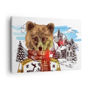 Impression sur toile - Image sur toile - Un ours en pull et écharpe avec une maison de montagne en arrière-plan - 70x50cm - La cabane aux ours - Décoration murale moderne pour le salon et la chambre ARTTOR