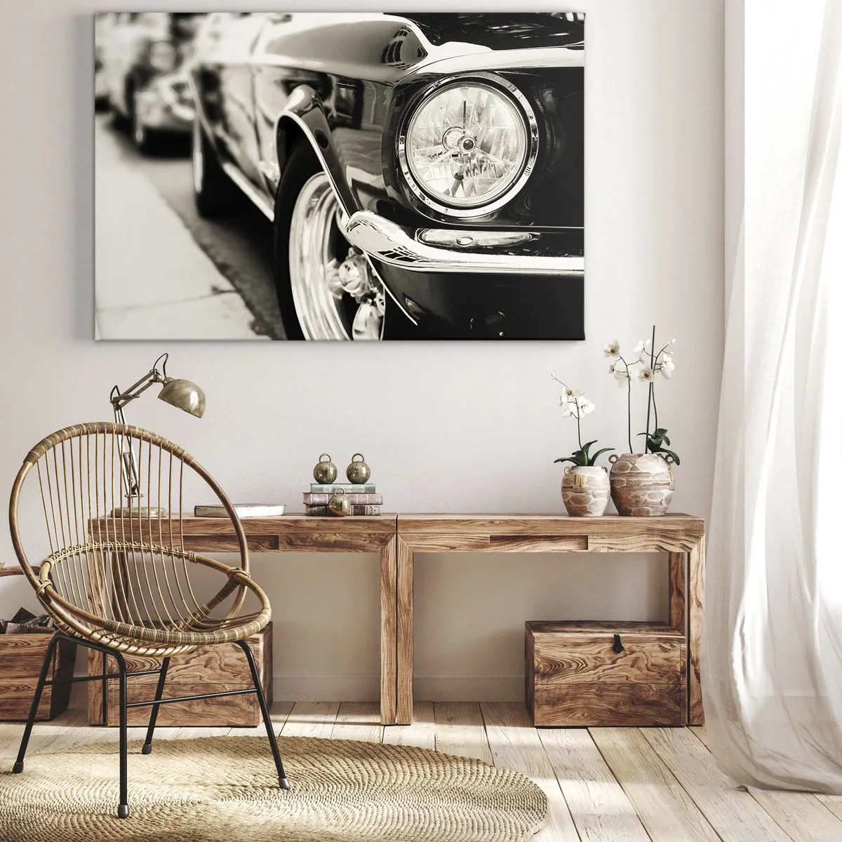 Impression sur toile - Image sur toile - Une voiture classique emblématique en noir et blanc élégant - 70x50cm - Brillance permanente - Décoration murale moderne pour le salon et la chambre ARTTOR