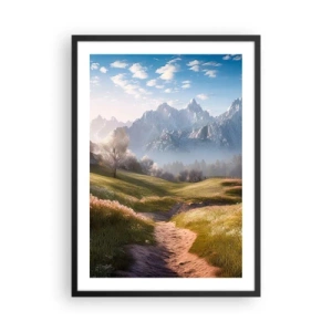 Affiche dans un cadre noir - Poster - Un sentier de montagne traversant une vallée verdoyante au lever du soleil - 50x70cm - Vallée idyllique - Décoration murale moderne pour le salon et la chambre ARTTOR