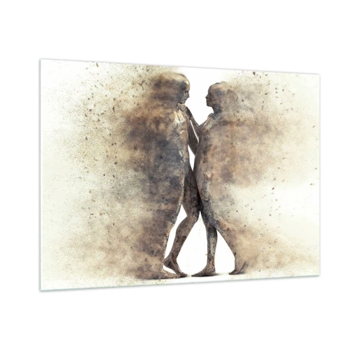Impression sur verre - Image sur verre - Silhouettes abstraites de deux personnages dans un style poussiéreux - 100x70cm - Ils sont sortis de la poussière pour aimer - Décoration murale moderne pour le salon et la chambre ARTTOR