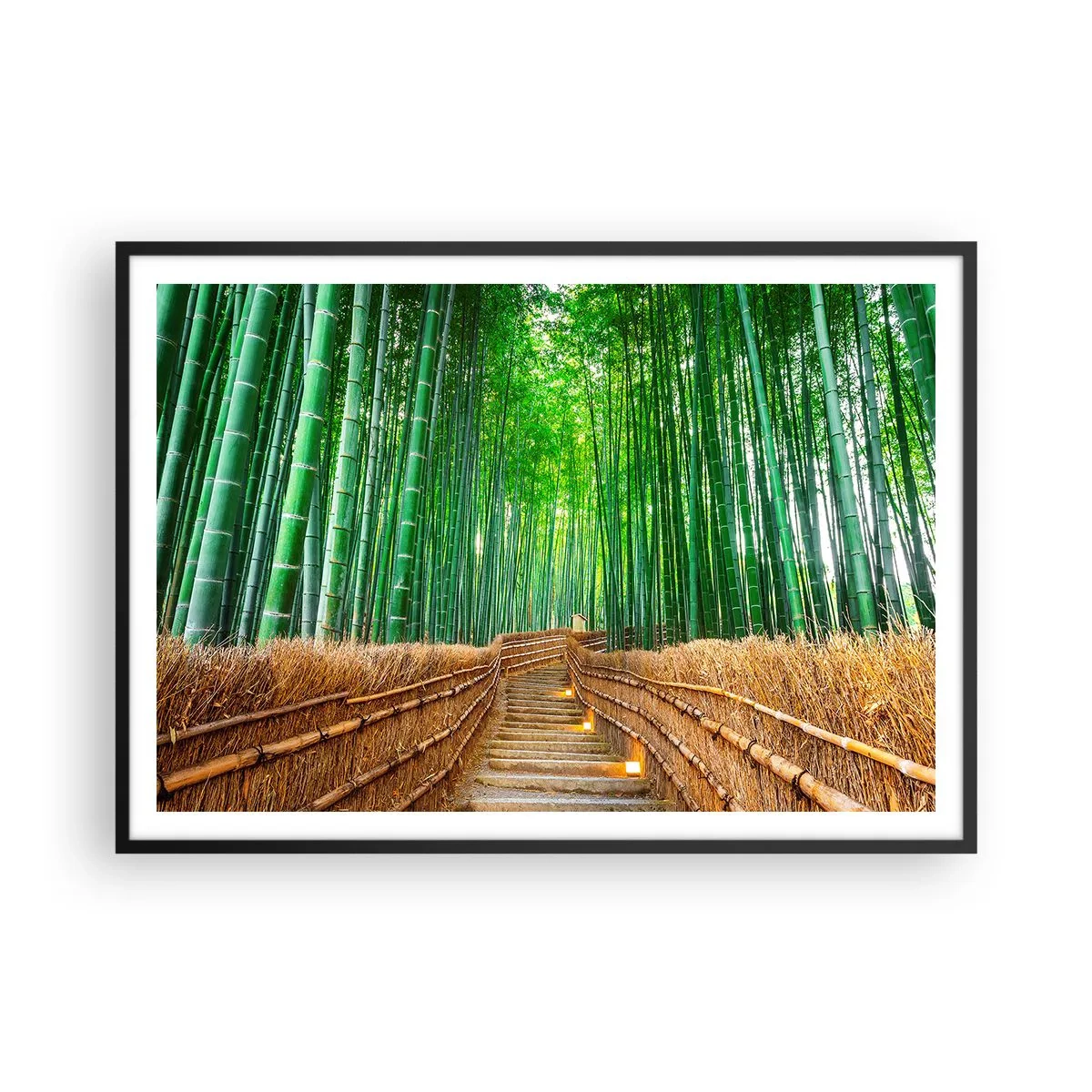 Affiche dans un cadre noir - Poster - Un chemin dans une dense forêt de bambous - 100x70cm - L'essence de la nature asiatique - Décoration murale moderne pour le salon et la chambre ARTTOR