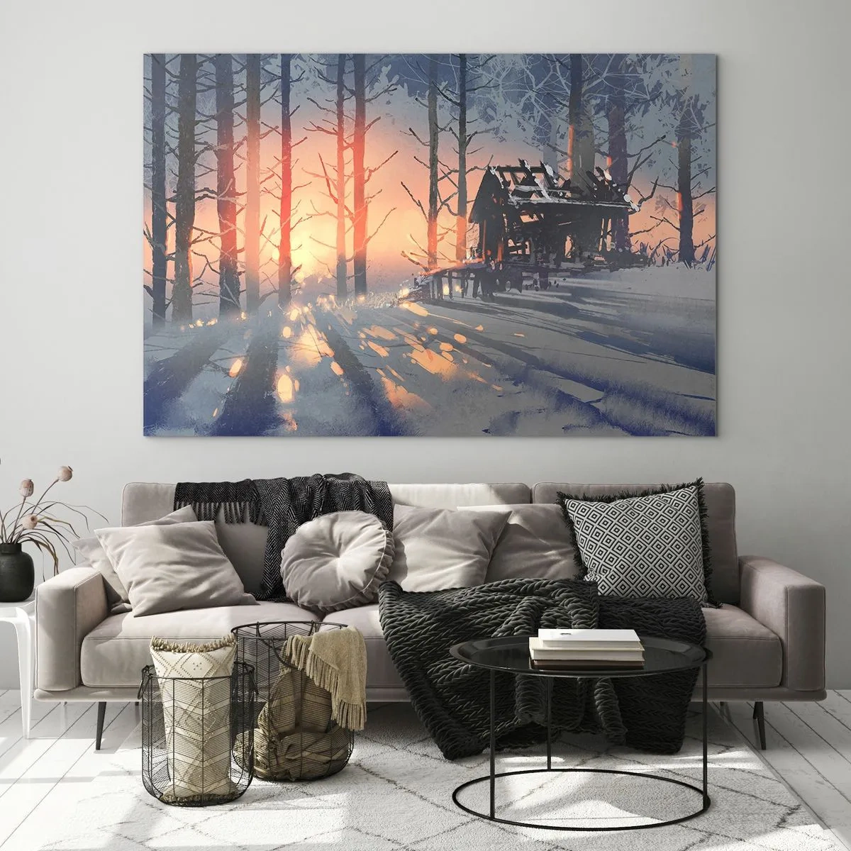 Impression sur verre - Image sur verre - Forêt d'hiver au coucher du soleil avec un chalet en arrière-plan - 120x80cm - Seul le soleil regarde ici - Décoration murale moderne pour le salon et la chambre ARTTOR