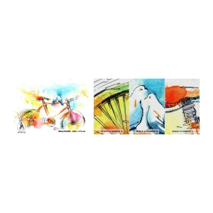 Échantillon de Papier Peint Premium Canvas - À deux en vélo - Abstraction, Vélo, Des oiseaux - 100x30 cm