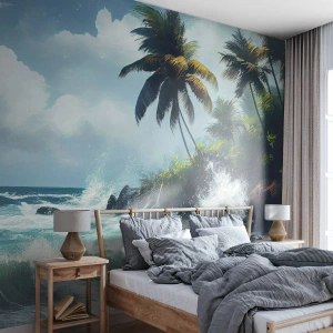 Papier Peint Photo Premium Sand - Vagues s'écrasant contre les rochers d'une plage tropicale avec des palmiers - 100x70cm - Sur une côte tropicale - Décoration murale moderne pour le salon et la chambre ARTTOR