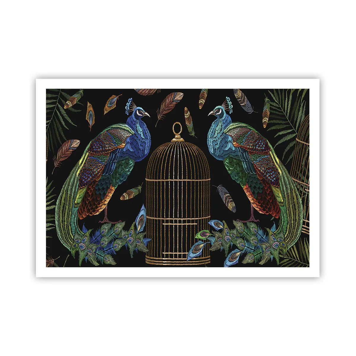 Affiche - Poster - Paons à côté d'une cage dorée sur fond noir - 100x70cm - En robes royales - Décoration murale moderne pour le salon et la chambre ARTTOR