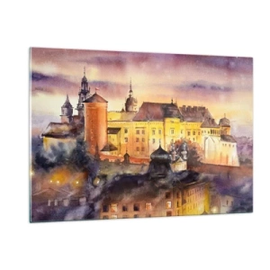Impression sur verre - Image sur verre - Illustration à l'aquarelle d'un château sur une colline au coucher du soleil - 120x80cm - Histoire et conte de fées - Décoration murale moderne pour le salon et la chambre ARTTOR