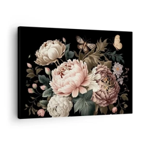 Impression sur toile - Image sur toile - Un bouquet de fleurs roses et de papillons sur fond noir - 70x50cm - De style baroque - Décoration murale moderne pour le salon et la chambre ARTTOR