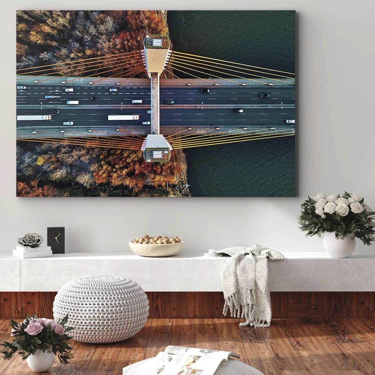 Impression sur toile - Image sur toile - Vue aérienne du pont sur la rivière et du paysage d'automne - 120x80cm - Au dessus de l'eau et de la forêt - Décoration murale moderne pour le salon et la chambre ARTTOR