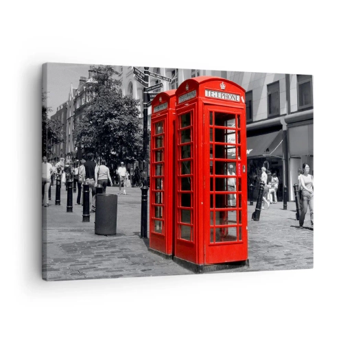 Impression sur toile - Image sur toile - Cabines téléphoniques rouges sur fond urbain noir et blanc. - 70x50cm - Cabines téléphoniques rouges - Décoration murale moderne pour le salon et la chambre ARTTOR