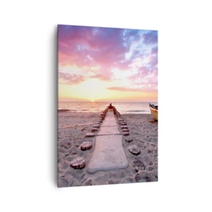 Impression sur toile - Image sur toile - Plage au lever du soleil avec bateau et jetée - 70x100cm - Moment d'expérience profonde - Décoration murale moderne pour le salon et la chambre ARTTOR