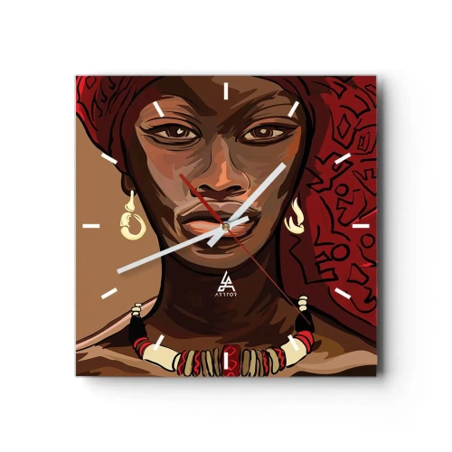 Horloge murale - Pendule murale - Portrait d'une femme au turban rouge sur fond beige - 30x30cm - Vénus d'ébène - Décoration murale moderne pour le salon et la chambre ARTTOR