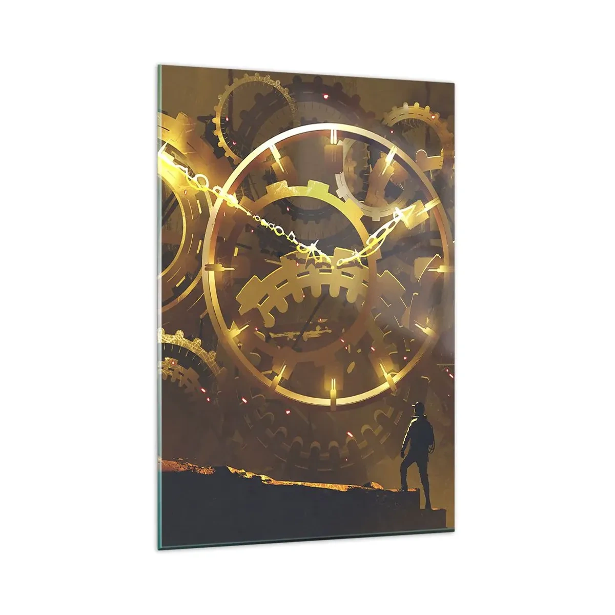 Impression sur verre - Image sur verre - Engrenages dorés dans un décor surréaliste avec une figurine - 80x120cm - À la source du temps - Décoration murale moderne pour le salon et la chambre ARTTOR