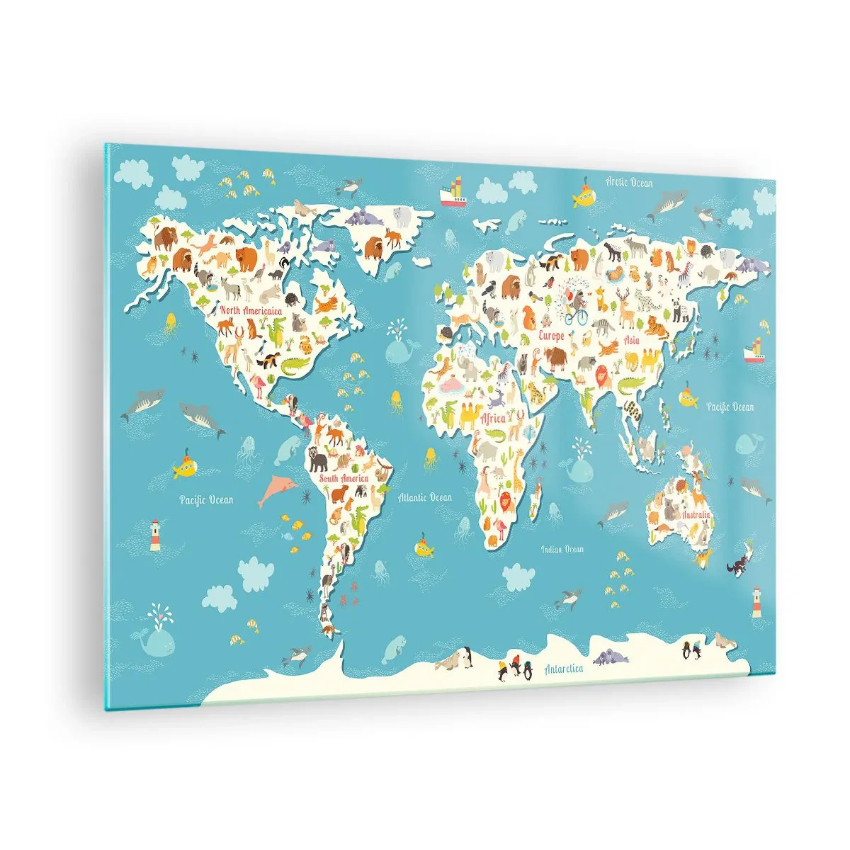 Impression sur verre - Image sur verre - Carte du monde colorée avec des motifs d'animaux et d'océan - 70x50cm - Nous aimons le monde entier - Décoration murale moderne pour le salon et la chambre ARTTOR