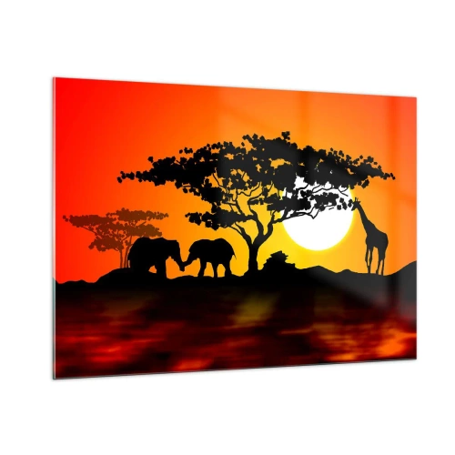 Impression sur verre - Image sur verre - Paysage africain avec arbres et animaux au coucher du soleil - 100x70cm - Rencontre dans la savane - Décoration murale moderne pour le salon et la chambre ARTTOR