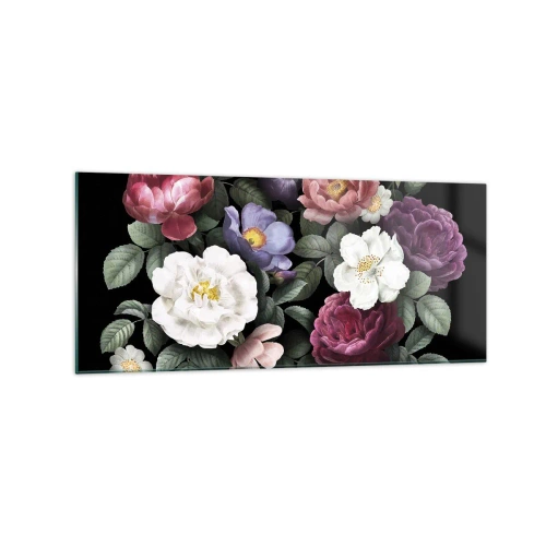 Impression sur verre - Image sur verre - Fleurs de différentes couleurs sur fond noir - 120x50cm - D'un jardin anglais - Décoration murale moderne pour le salon et la chambre ARTTOR