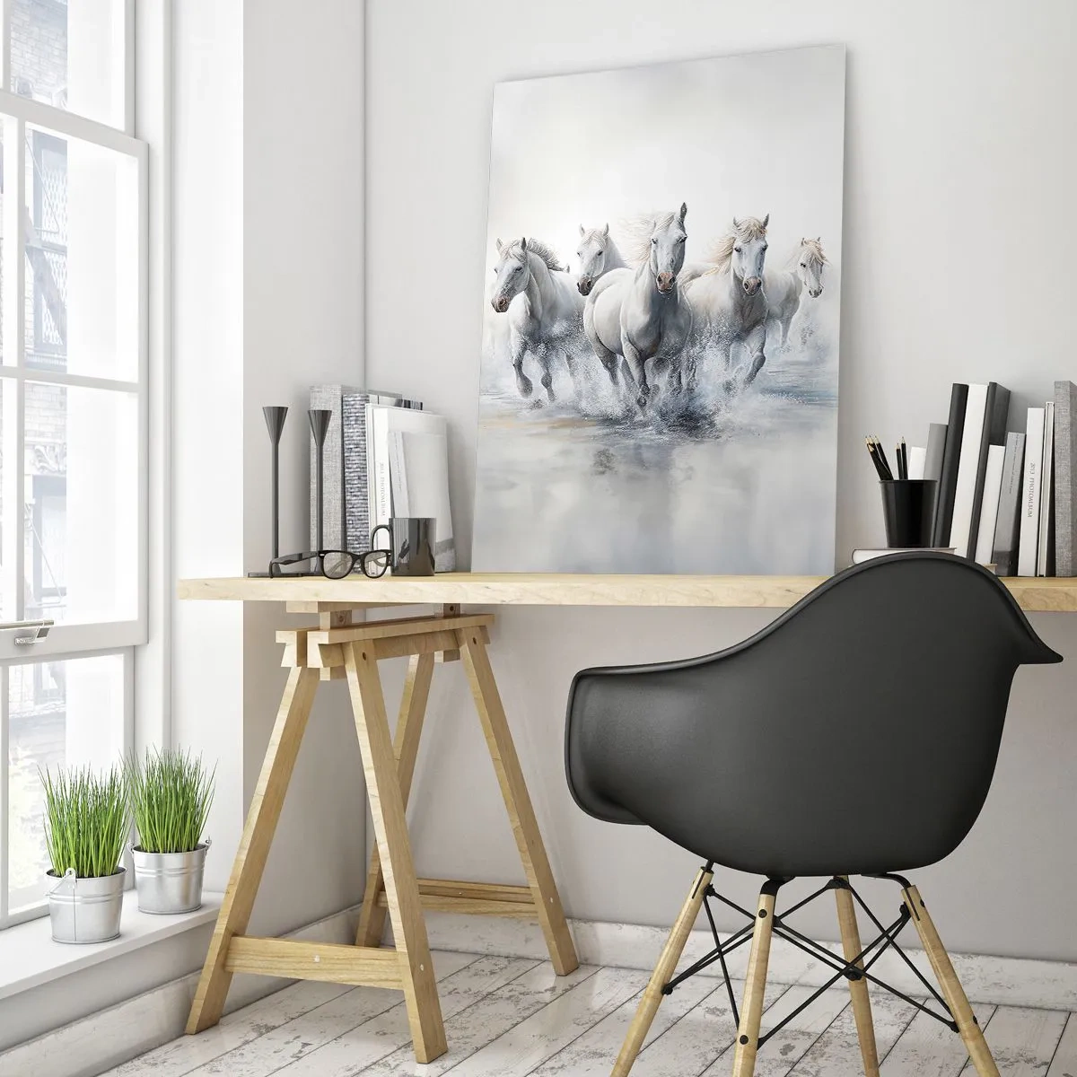 Impression sur verre - Image sur verre - Chevaux blancs galopant dans l'eau dans une composition dynamique - 50x70cm - Magie blanche - Décoration murale moderne pour le salon et la chambre ARTTOR