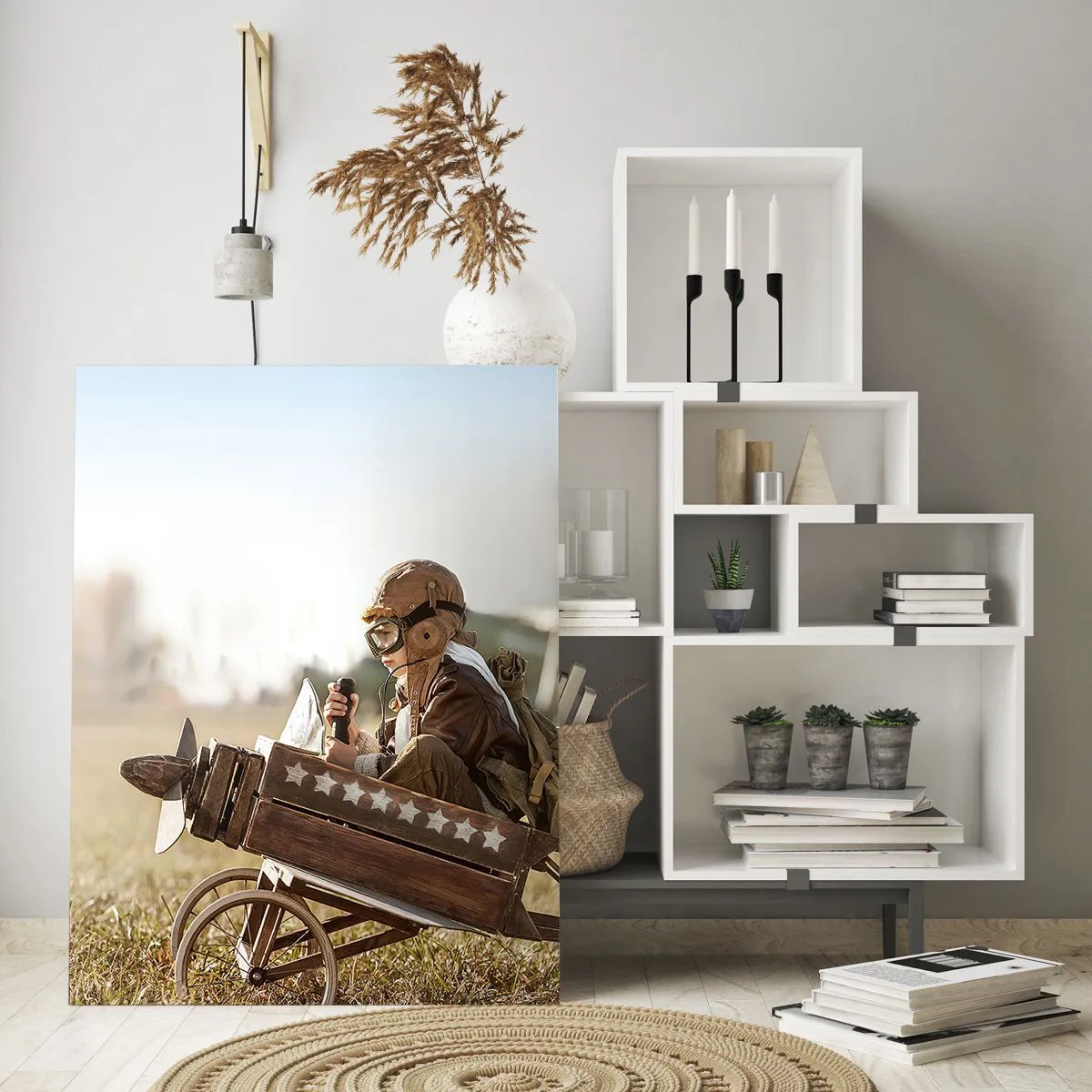 Impression sur verre - Image sur verre - Un enfant dans un avion jouet avec un champ en arrière-plan - 80x120cm - Départ vers un rêve - Décoration murale moderne pour le salon et la chambre ARTTOR