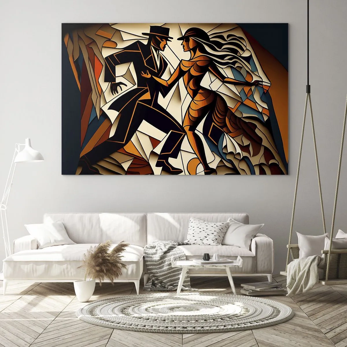 Impression sur verre - Image sur verre - Un couple stylisé dansant dans une forme abstraite dynamique. - 70x50cm - Danse de passion et de volupté - Décoration murale moderne pour le salon et la chambre ARTTOR