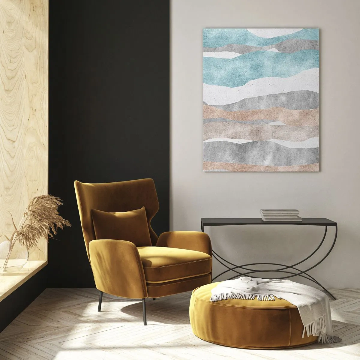 Impression sur verre - Image sur verre - Rayures délicates dans les tons beige et bleu - 50x70cm - Une étude de proximité - Décoration murale moderne pour le salon et la chambre ARTTOR