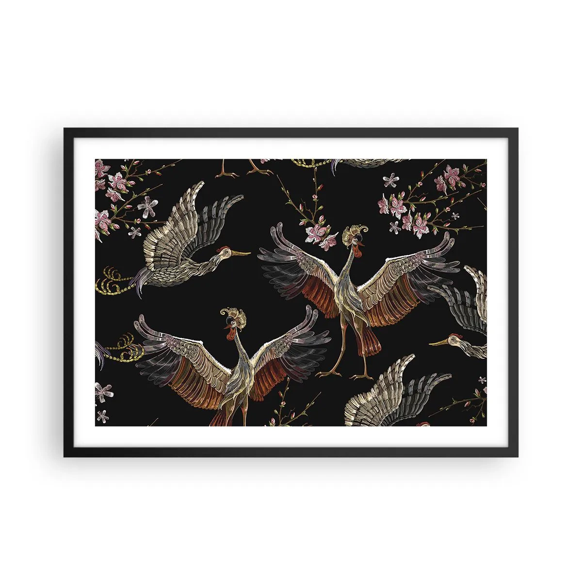 Affiche dans un cadre noir - Poster - Grues et fleurs élégantes sur fond noir - 70x50cm - Un oiseau de conte de fées - Décoration murale moderne pour le salon et la chambre ARTTOR