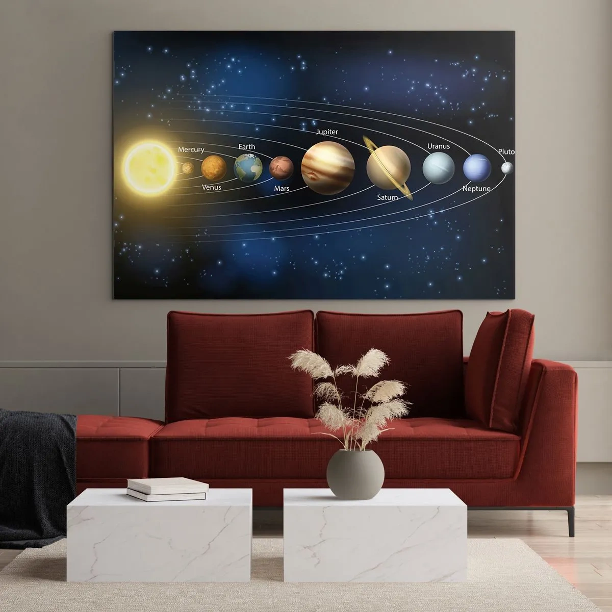 Impression sur verre - Image sur verre - Le système solaire avec des planètes et des étoiles en arrière-plan - 120x80cm - L'une des dix - Décoration murale moderne pour le salon et la chambre ARTTOR