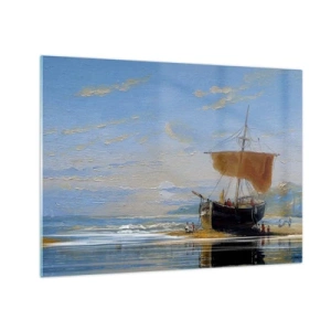 Impression sur verre - Image sur verre - Un navire avec une voile au bord de la mer dans un style pictural - 70x50cm - Eau, terre, air - Décoration murale moderne pour le salon et la chambre ARTTOR
