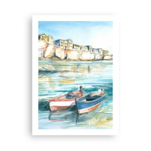 Affiche - Poster - Paysage à l'aquarelle avec des bateaux sur l'eau et une ville balnéaire - 50x70cm - Paysage dans l'azur - Décoration murale moderne pour le salon et la chambre ARTTOR