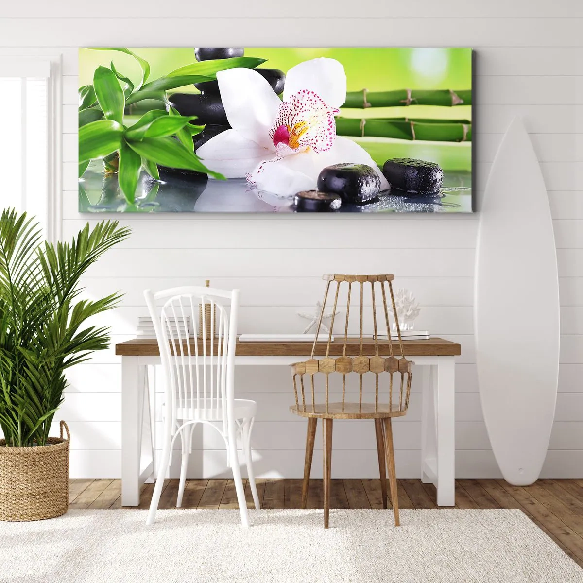Impression sur toile - Image sur toile - Orchidée, pierres et bambou dans une composition spa harmonieuse - 120x50cm - Raffraîchissement de fraîcheur - Décoration murale moderne pour le salon et la chambre ARTTOR