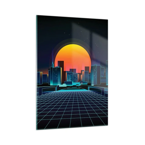Impression sur verre - Image sur verre - Panorama de la ville futuriste avec coucher de soleil - 50x70cm - Vous voulez toujours passer au réel ? - Décoration murale moderne pour le salon et la chambre ARTTOR
